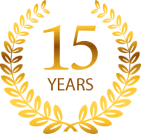 Golden laurel wreath celebrating 15 years.