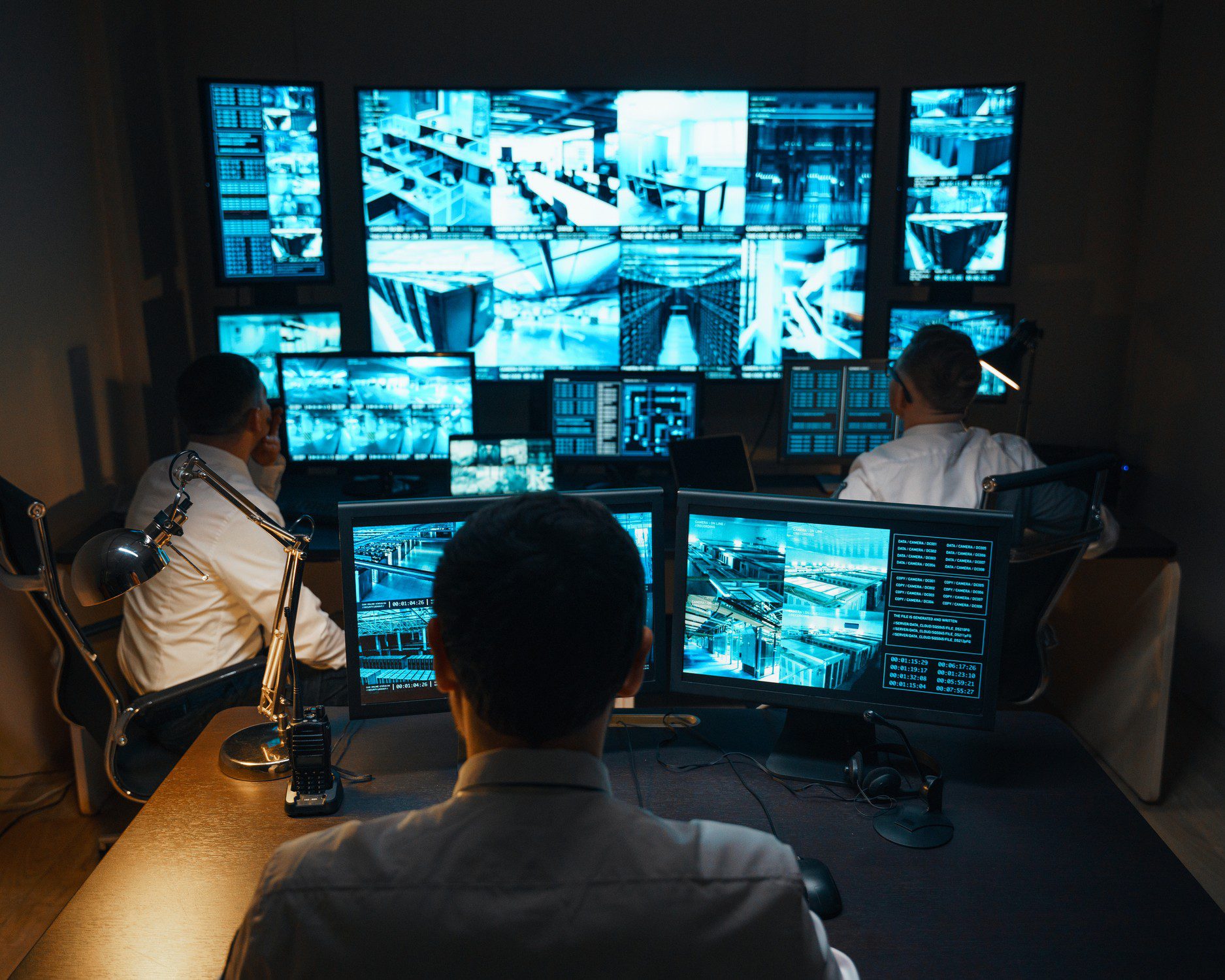 Surveillance operators watching security camera feeds.