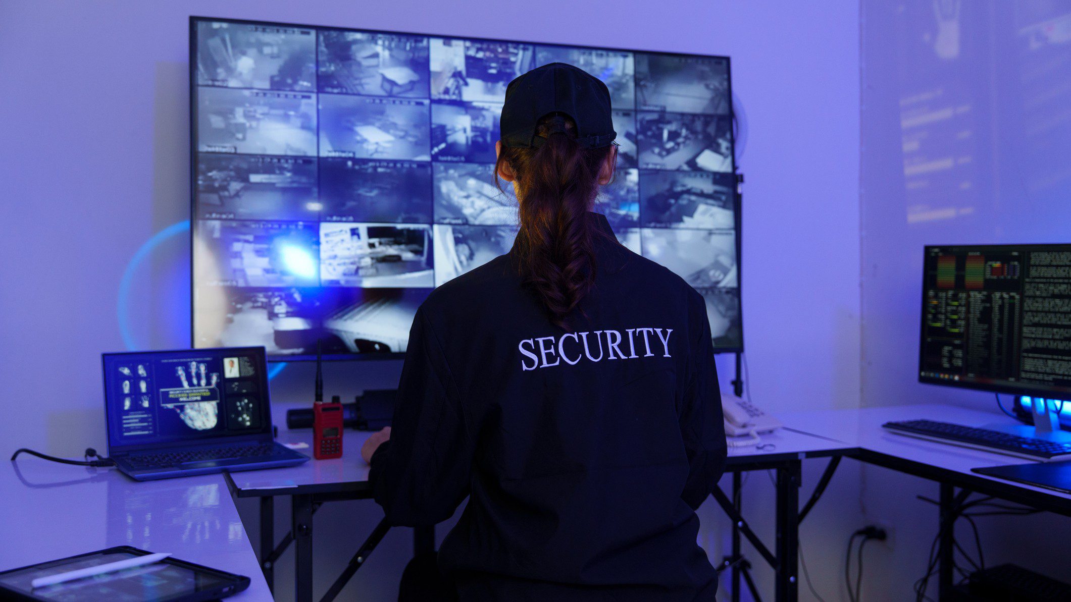 Person in security uniform at control room