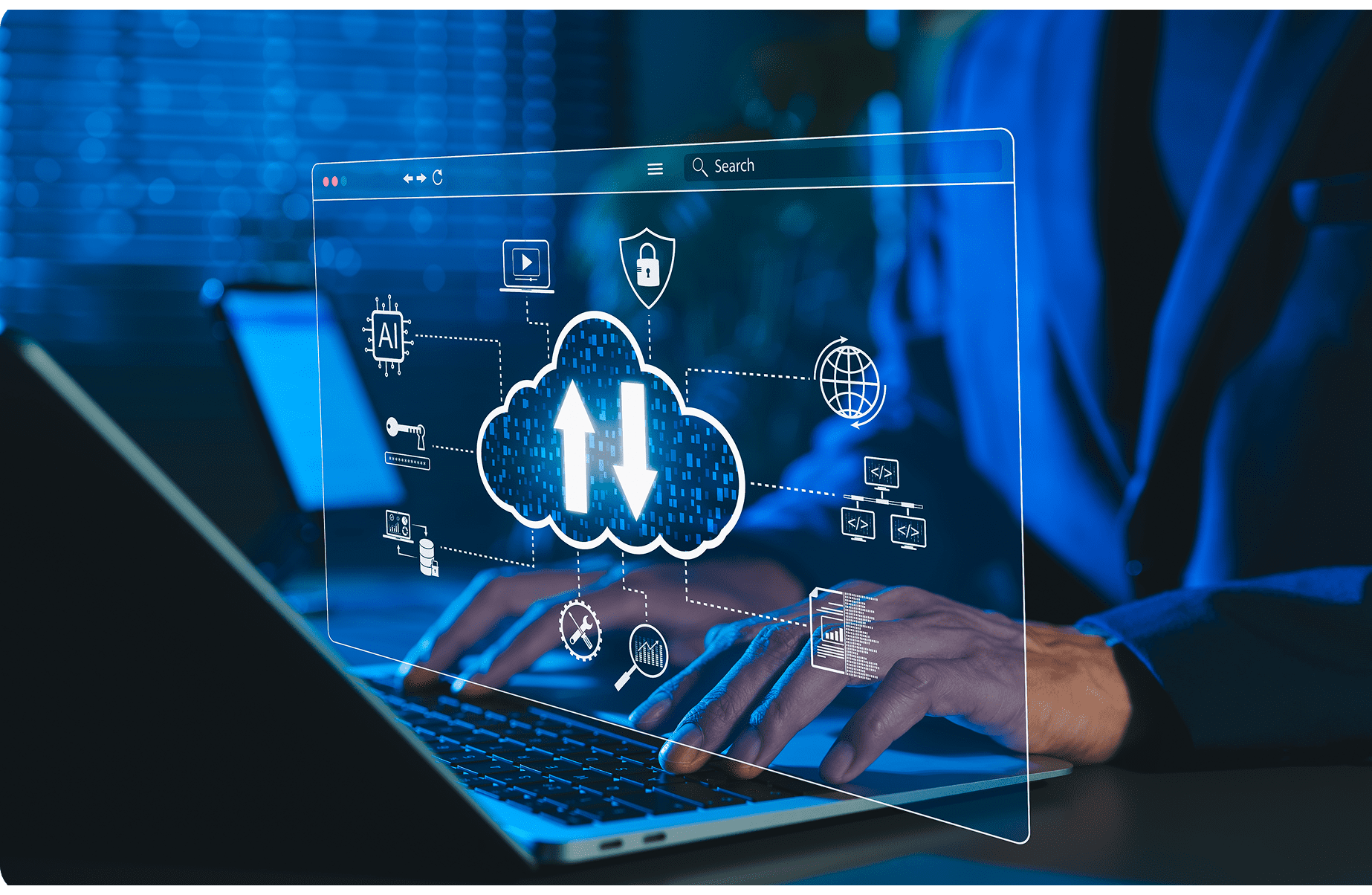 Hands typing with virtual cloud icons