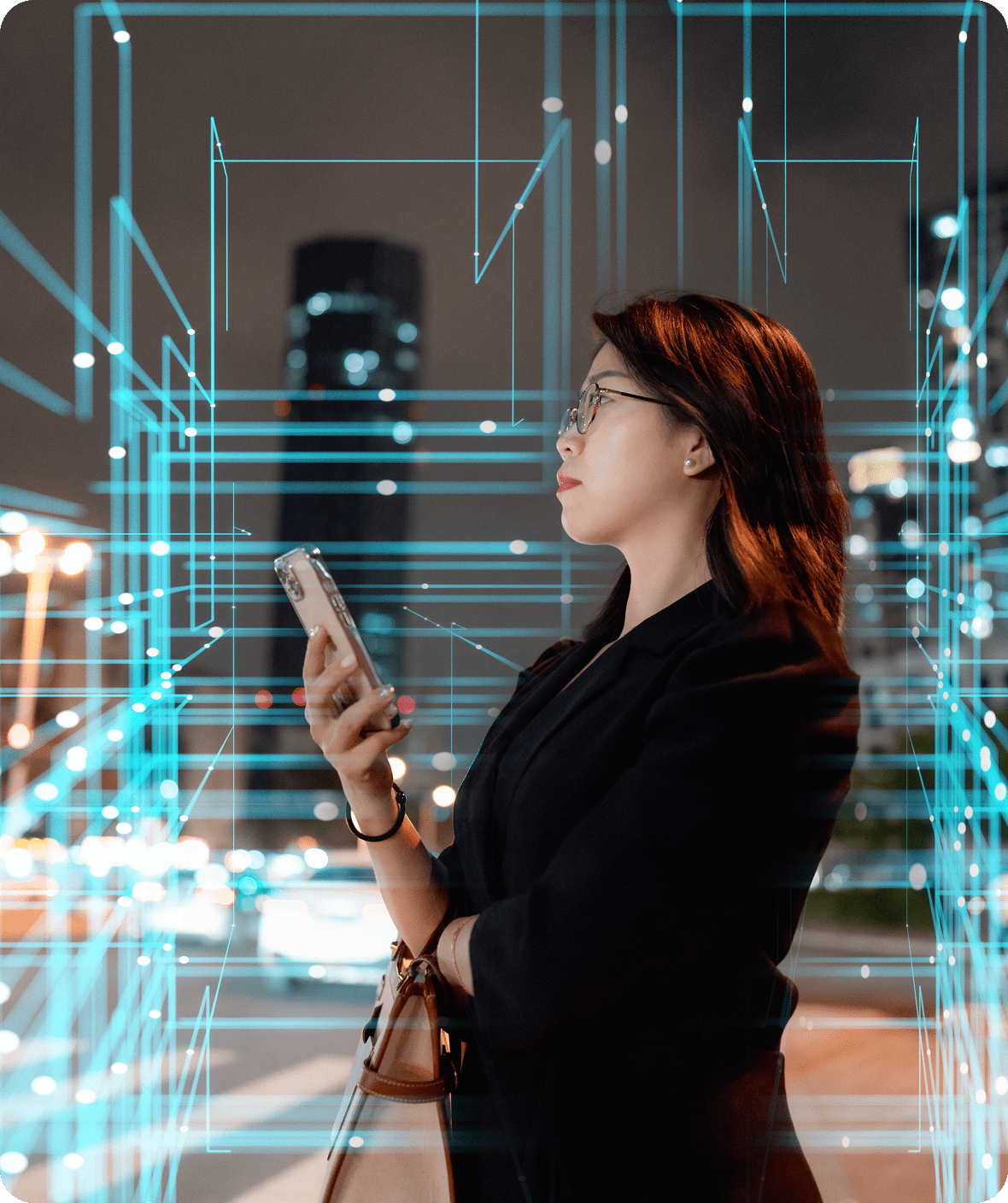 Businesswoman in cityscape at night