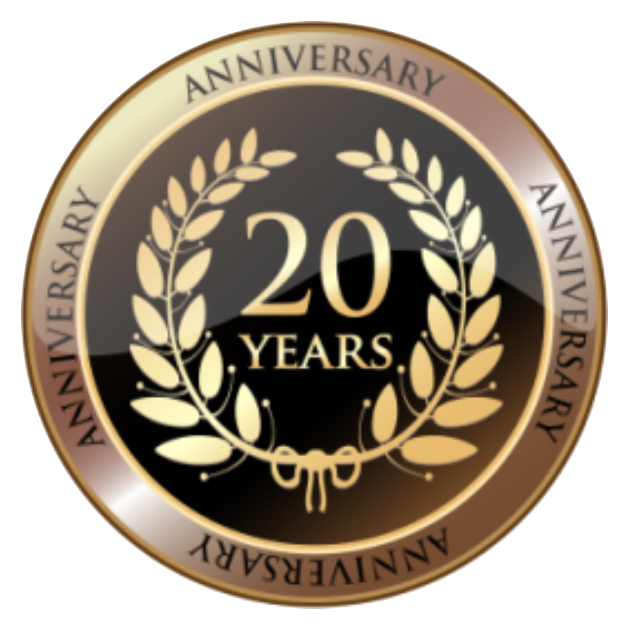 20 years anniversary emblem with gold and black design.