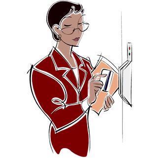 Professional woman using a smartphone and holding documents.