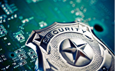 Close-up of a security badge on a circuit board.