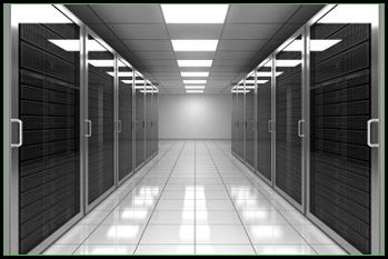 A symmetrical data center aisle with server racks and bright ceiling lights.