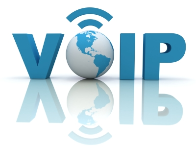 3D VOIP text with a globe and wireless signal symbol.