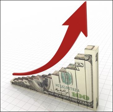 Upward arrow showing growth over stacked US dollar bills.
