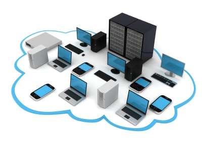 A cloud computing network connecting various devices and servers.